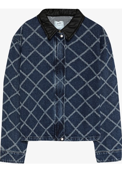 Baklava Desenli Deri Yaka Fermuarlı Kot Ceket Mavi