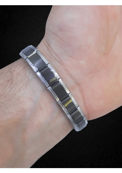 Çelik Bileklik Italyan Charm Yazısız Model Unisex Erkek Kadın 3 mm 18 cm Ortası Siyah Kenarı Gümüş