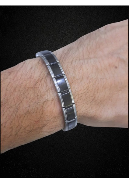 Çelik Bileklik Italyan Charm Yazısız Model Unisex Erkek Kadın 3 mm 18 cm Ortası Siyah Kenarı Gümüş modelleri