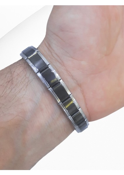 Çelik Bileklik Italyan Charm Yazısız Model Unisex Erkek Kadın 3 mm 18 cm Ortası Siyah Kenarı Gümüş fırsatları