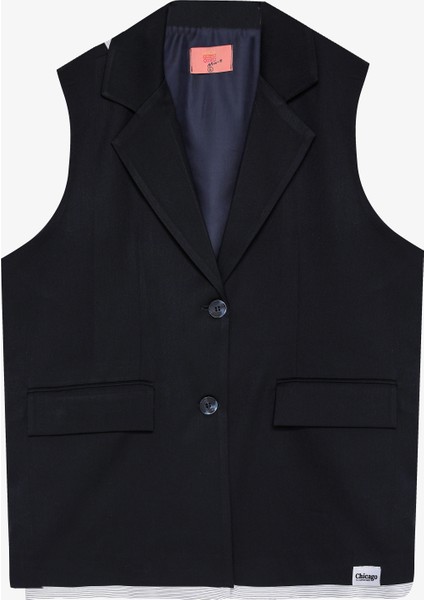 Kumaş Garnili Etiket Aksesuarlı Oversize Yelek Ceket Lacivert