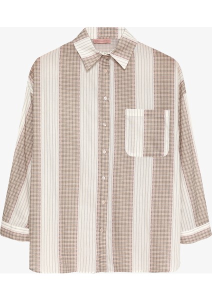 Çizgili Ekose Garnili Oversize Gömlek Ekru