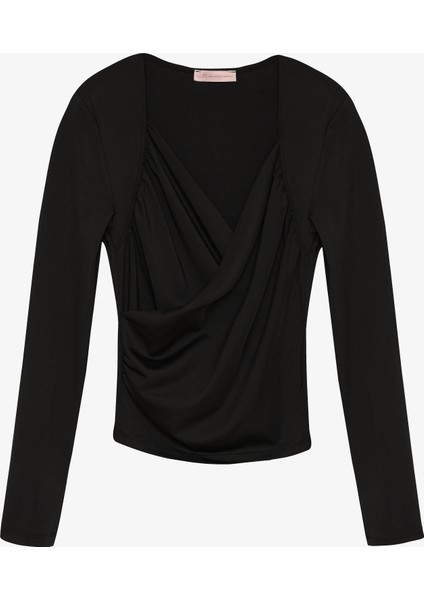 Kruvaze Yaka Drapeli Uzun Kollu Bluz Siyah
