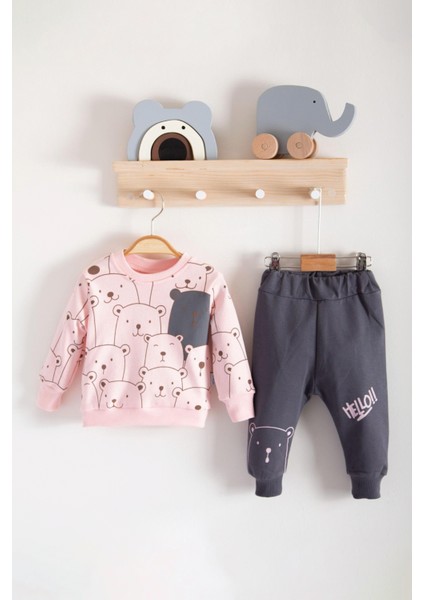 Kız Bebek Hello Ayılar Baskılı 2 Ip Unisex Takım