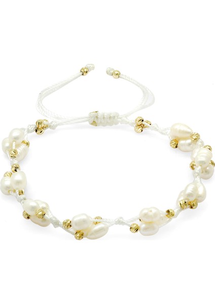 Makrome Örgülü Naturel Kesim Inci Doğaltaş Kadın Bileklik