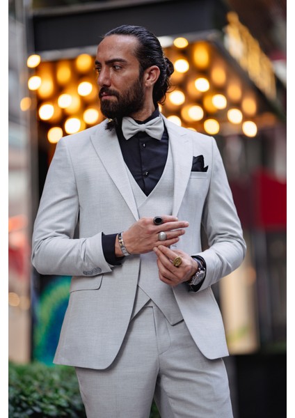 Özel Tasarım Keten Kumaş Damatlık Açık Gri