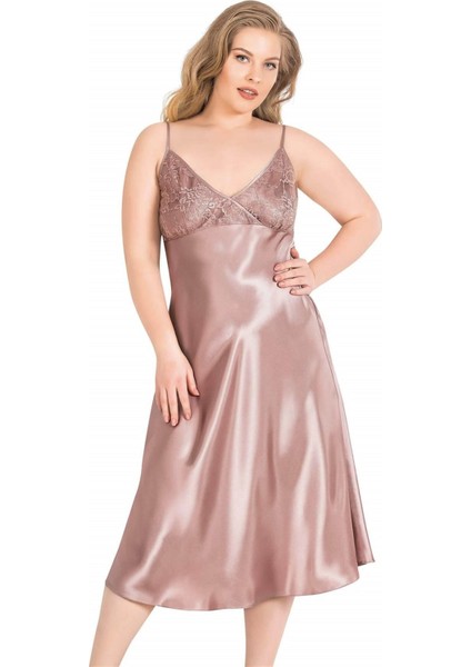 Aria's Closet Büyük Beden Vizon Uzun Saten Gecelik