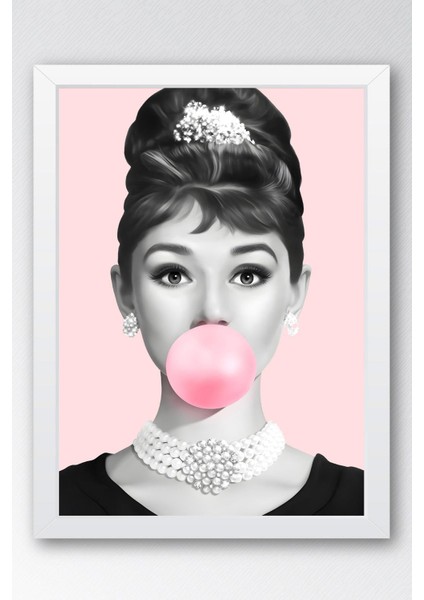 Audrey Hepburn Pembe Sakız Balonu Çerçeveli Tablo - Pop Art Poster Tablo