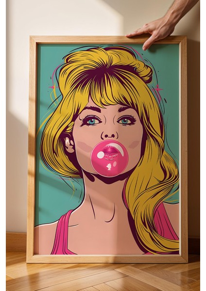 Balon Çiklet Şişiren Kadın Çerçeveli Tablo - Pop Art Poster Tablo fiyatları