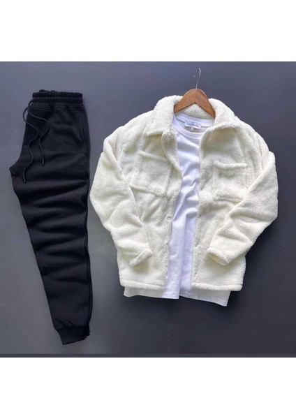 Unisex Pelüş Ceket ve Siyah Eşofman Kombini Alt Üst