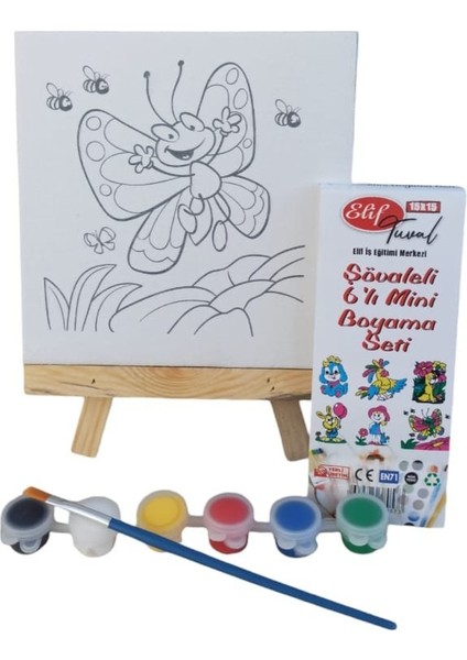 Şövaleli 6'lı Mini Boyama Tuval Seti 6 Renk Akrilik Boya ve Fırça Seti (15X15) 2 Adet