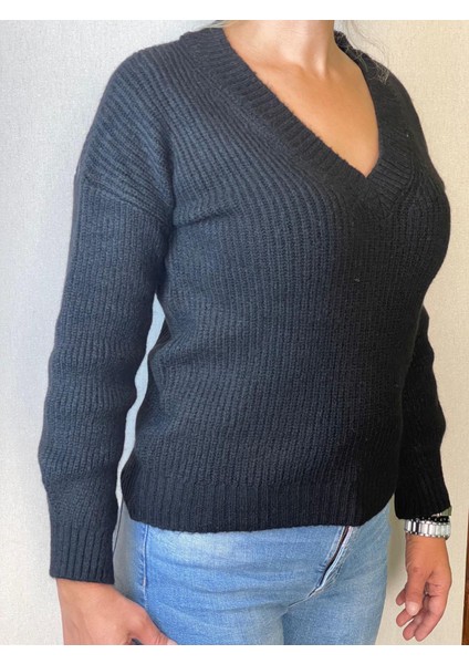 V Yaka Triko Yumuşak %100 Koton Kadın Kazak Yeni Sezon