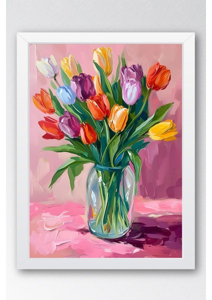 Cam Vazoda Renkli Laleler Çerçeveli Tablo - Pop Art Poster Tablo