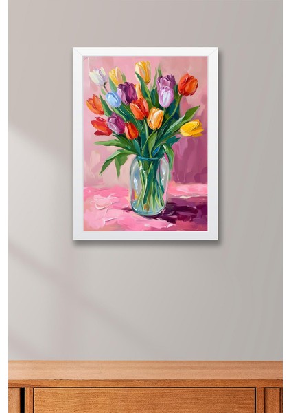 Cam Vazoda Renkli Laleler Çerçeveli Tablo - Pop Art Poster Tablo fiyatları