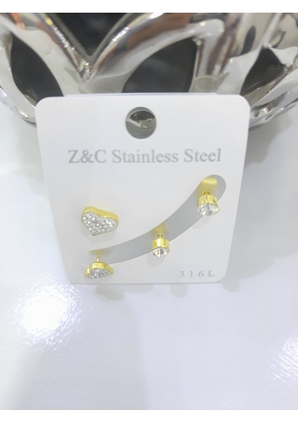 Çelik Küpe 2'li Taşlı Kalp Tek Taşlı Model Altın Sarısı Gold