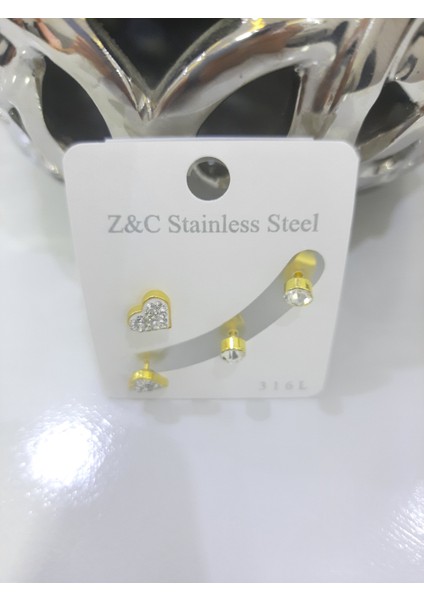 Çelik Küpe 2'li Taşlı Kalp Tek Taşlı Model Altın Sarısı Gold modelleri