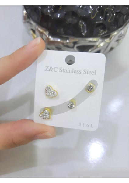 Çelik Küpe 2'li Taşlı Kalp Tek Taşlı Model Altın Sarısı Gold fırsatları