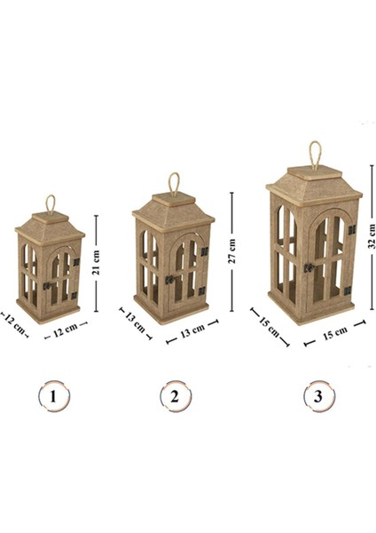 ahşap Boyanabilir Mdf Kare Ayaklı Dekoratif Fener, Şamdan , Mumluk 3 Lü Set