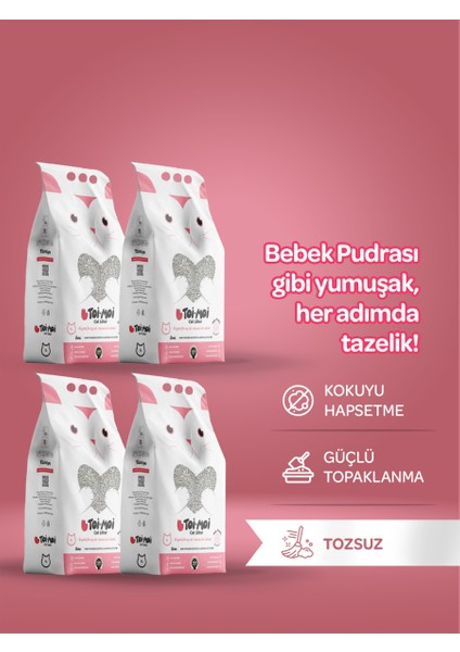 4lü Avantaj Paketi Tozsuz, Topaklanan, Emiciliği Yüksek Bebek Pudralı Bentonit Kedi Kumu 4X5LT