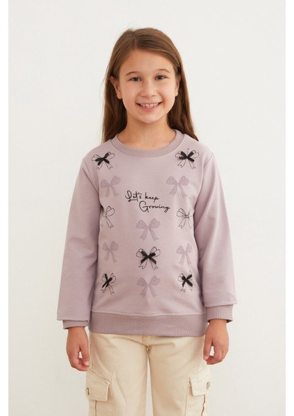 Kurdele Baskılı Bisiklet Yaka Kız Çocuk Sweatshirt