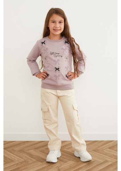 Kurdele Baskılı Bisiklet Yaka Kız Çocuk Sweatshirt modelleri