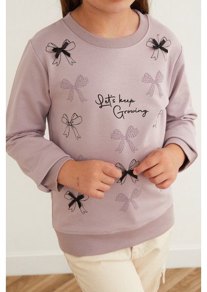 Kurdele Baskılı Bisiklet Yaka Kız Çocuk Sweatshirt