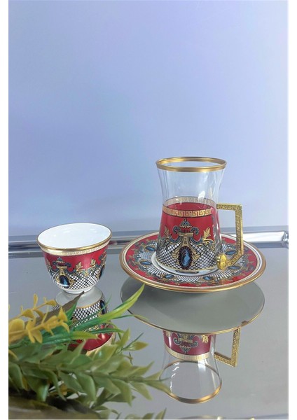 Barok Kırmızı Desenli 18 Parça 6 Kişilik Çay Takımı - Porselen Tabaklı Kahve Yanı Set