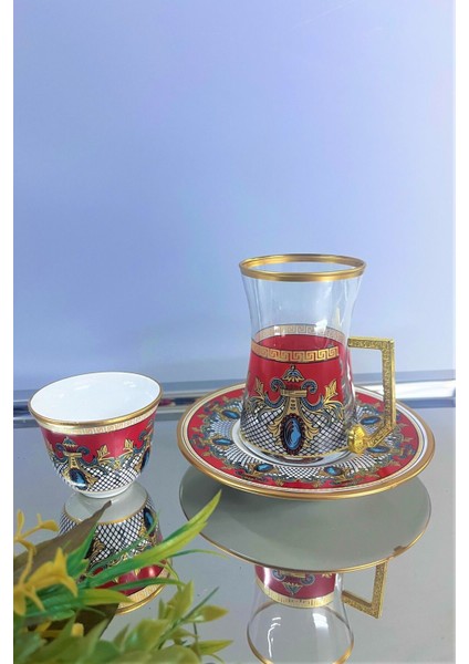 Barok Kırmızı Desenli 18 Parça 6 Kişilik Çay Takımı - Porselen Tabaklı Kahve Yanı Set fiyatları