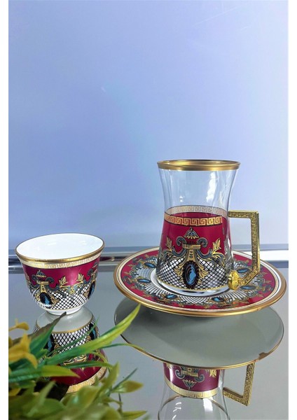 Barok Kırmızı Desenli 18 Parça 6 Kişilik Çay Takımı - Porselen Tabaklı Kahve Yanı Set modelleri