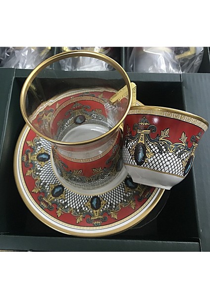 Barok Kırmızı Desenli 18 Parça 6 Kişilik Çay Takımı - Porselen Tabaklı Kahve Yanı Set fırsatları