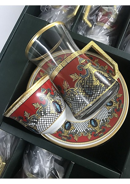 Barok Kırmızı Desenli 18 Parça 6 Kişilik Çay Takımı - Porselen Tabaklı Kahve Yanı Set indirimleri