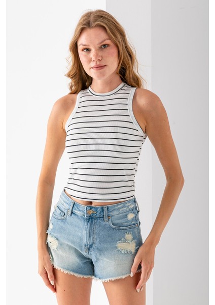 Kadın Bisiklet Yaka Kolsuz Çizgili Basic Body Siyah - 25507 fiyatları