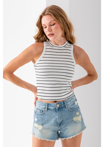 Kadın Bisiklet Yaka Kolsuz Çizgili Basic Body Siyah - 25507 modelleri