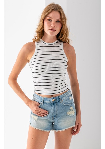 Kadın Bisiklet Yaka Kolsuz Çizgili Basic Body Siyah - 25507 fırsatları