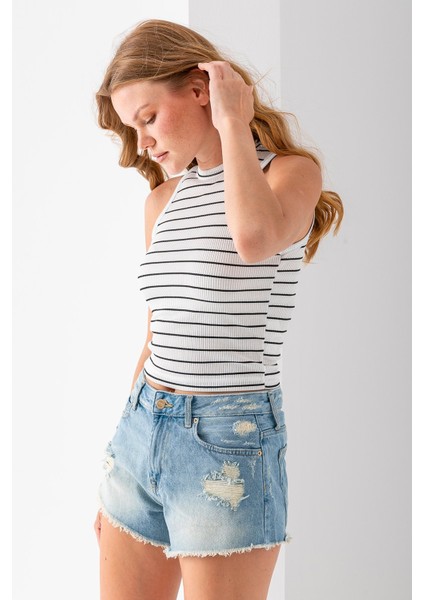 Kadın Bisiklet Yaka Kolsuz Çizgili Basic Body Siyah - 25507 indirimleri