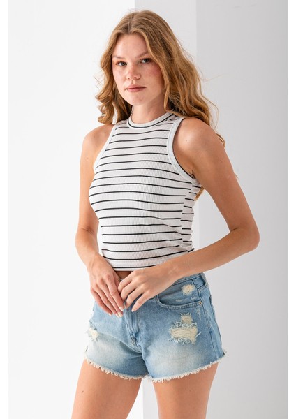 Kadın Bisiklet Yaka Kolsuz Çizgili Basic Body Siyah - 25507