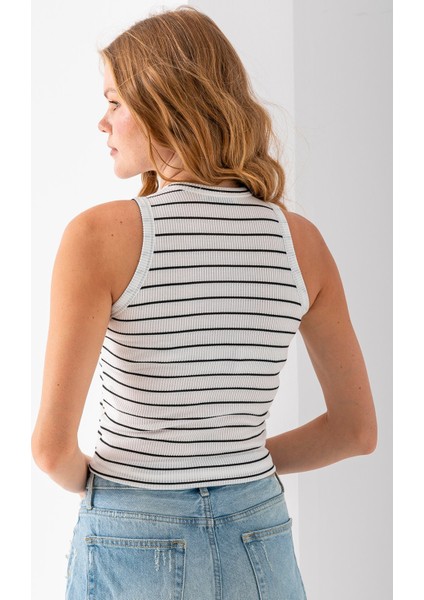 Kadın Bisiklet Yaka Kolsuz Çizgili Basic Body Siyah - 25507