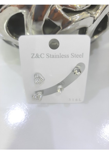 Çelik Küpe 2'li Taşlı Kalp Tek Taşlı Model Gümüş Silver