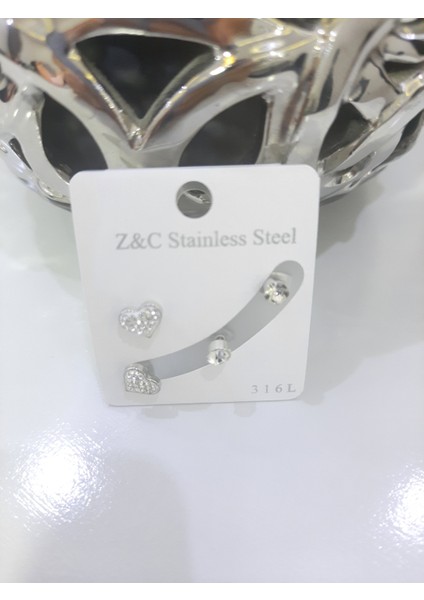 Çelik Küpe 2'li Taşlı Kalp Tek Taşlı Model Gümüş Silver modelleri