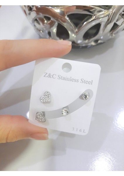 Çelik Küpe 2'li Taşlı Kalp Tek Taşlı Model Gümüş Silver fırsatları