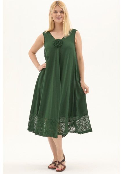 Yeşil Şile Bezi Kolsuz Midi Boy Yazlık Elbise