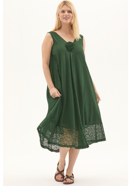 Yeşil Şile Bezi Kolsuz Midi Boy Yazlık Elbise modelleri