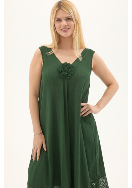 Yeşil Şile Bezi Kolsuz Midi Boy Yazlık Elbise fırsatları