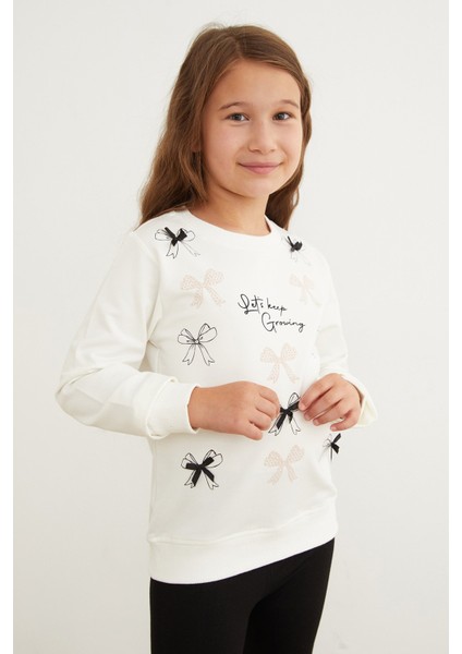 Kurdele Baskılı Bisiklet Yaka Kız Çocuk Sweatshirt