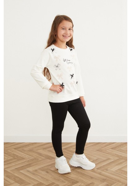 Kurdele Baskılı Bisiklet Yaka Kız Çocuk Sweatshirt modelleri