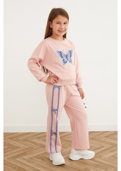 Kelebek Nakışlı Kurdeleli Kız Çocuk Takım modelleri