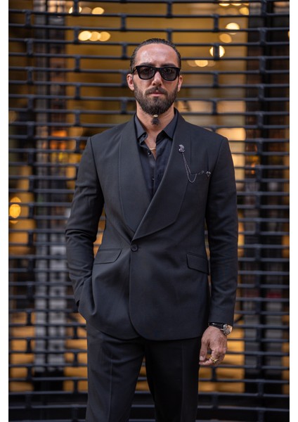 Özel Tasarım Geniş Yaka Tek Düğme Slim Fit Takım Elbise