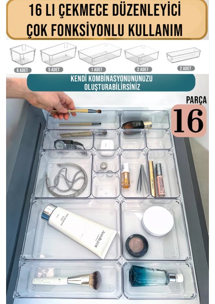 16 Parça Modüler Çok Amaçlı Çekmece Içi Düzenleyici Makyaj Takı Ofis Mutfak Organizeri