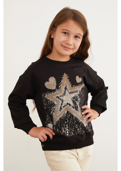 Yıldız ve Kalp Baskılı Kız Çocuk Sweatshirt fırsatları