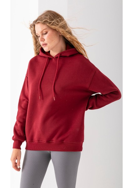 Kadın Kapüşonlu Basic 3ip Sweatshirt Bordo - 2604